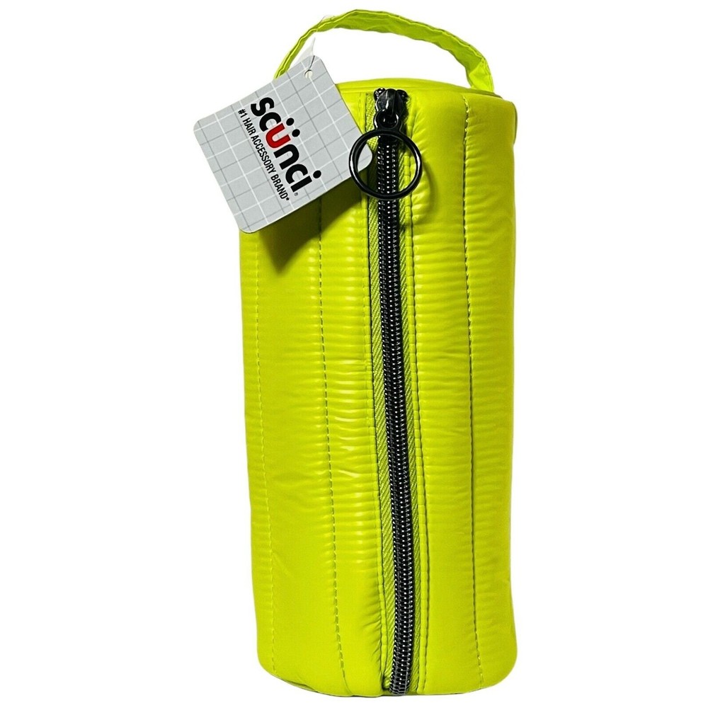 Scunci Accessory Makeup Bag - Zippered Cylindrical Quilted Neon Yellow w/ Handle